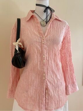 Vintage Y2K coquette floral lace eyelet embroidered pink blouse preppy fairy L